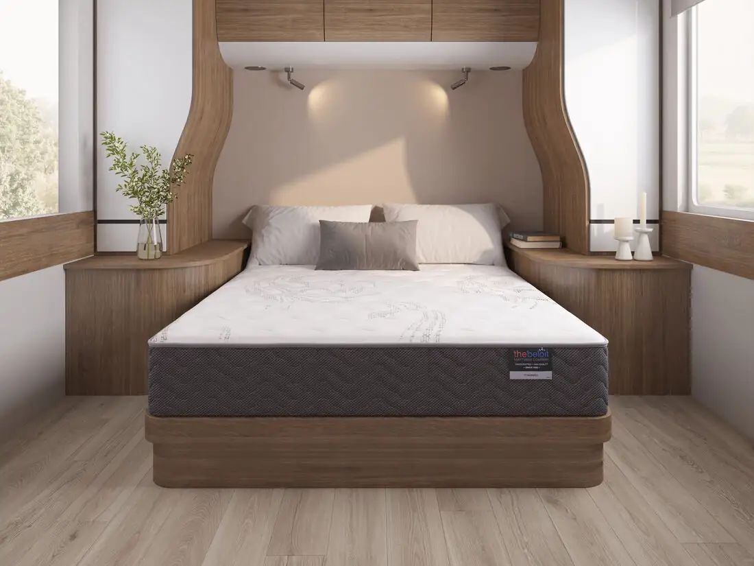 A custom quilted Beloit mattress in a camper nook