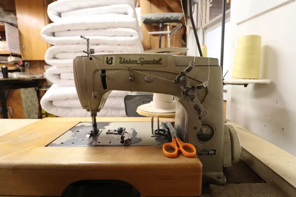 A vintage Union Special sewing machine on the Beloit factory floor